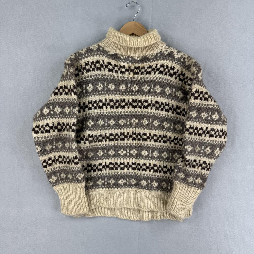 Handmade Fair Isle Sweater Mens Small Wool Turtleneck Chunky Knit Heavyweight